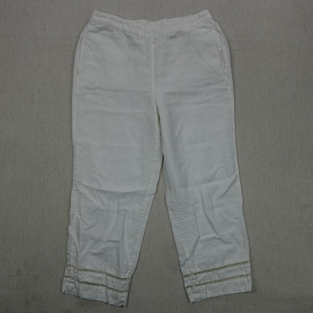 Chicos Pants Womens 8 White Linen Cropped Elastic Waist Embroidered Boho Trim